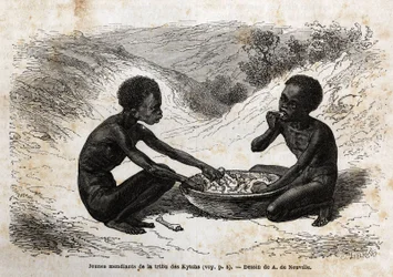 Unga tiggare från Kychi-stammen (belägen i Upper Nile-regionen) tar ett måltidsbyte mot några buntar. Gravyr för att illustrera resan till Lake Albert