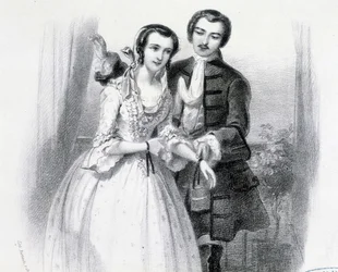 Ung man som uppvaktar en ung kvinna, deb. 1800-talet