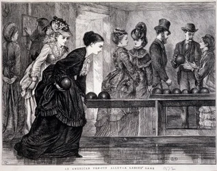 Unga kvinnor som spelar bowling, i USA, cirka 1870 - gravyr