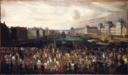 Pont Neuf, sedd från ingången till Place Dauphine, Quai Malaquais med Collège des Quatre-Nations under uppförande, Grande Galerie och Louvren, omkring 1665. En procession passerar över bron, mellan 1665 och 1669