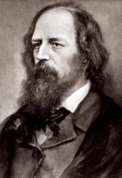Porträtt i halvfigur av den berömde engelske poeten Alfred Tennyson