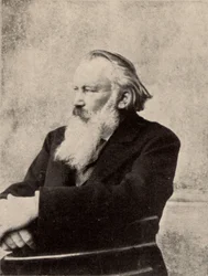 Johannes Brahms (1833-1897) tysk kompositör. Signerat fotografi taget i Wien 6 oktober 1895 (halvton)(tryck)