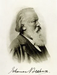 Porträtt av Johannes Brahms (1833 - 1897), tysk kompositör på ett autograffotografi.