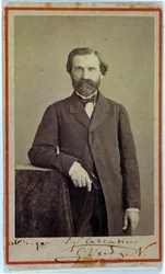 Porträtt av kompositören Giuseppe Verdi (1813 - 1901). 1840-talet. Fotografi med autograf.