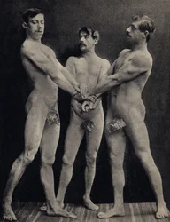 The Oath of the Horaces, poserar tre nakna män som avlägger ed. Fotografi, sent 1800-tal, Paris. Coll. Selva.