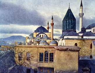 Vy över Mevlana-mausoleet i Konya (Turkiet). Mevlana Celaleddin Rumi är grundaren av Order of Turning Dervishes. Autokrom