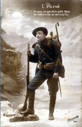 Vykort från första världskriget, alpin jägare. "Tro på vad den lilla alpen säger, militarismen kommer att se slutet." (foto)
