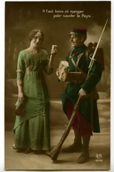 Krig 1914 - 1918 (14-18): tidstypiskt vykort som visar en fransk soldat i blåhorisontsuniform (blåhorisont) som tar emot bröd och vin som en ung kvinna ger honom: drick och ät för att rädda landet - mat -