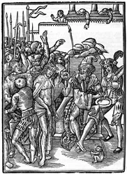 Kristus före Pontius Pilatus (Pontius Pilatius). Xylografi av Urs Graf från 1514. Privat samling. Milano.