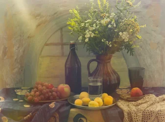 Färsk frukt och blommor