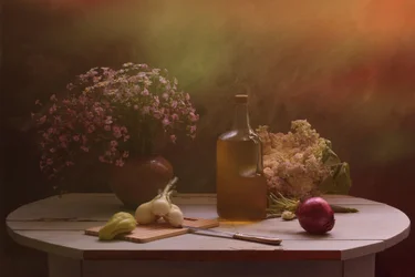 Skördebord med blommor