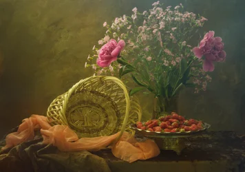 Rosa pioner och jordgubbar