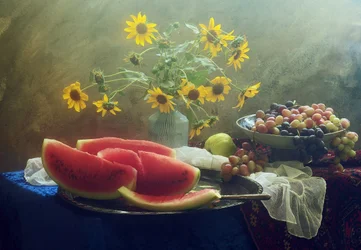 Solrosor och sommarfrukt
