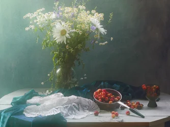 Vilda blommor och körsbär – stilleben
