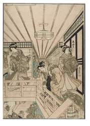 Scen från Shin Yoshiwara (triptyk). Bordellinteriör i Yoshiwara-kvarteret med kurtisaner och kunder, ca 1830-1843 (träsnitt på papper)