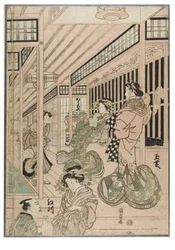 Scen från Shin Yoshiwara (triptyk). Bordellinteriör i Yoshiwara-kvarteret med kurtisaner och kunder, ca 1830-1843 (träsnitt på papper)
