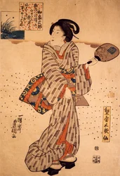 Kvinna med en stel fläkt, av Utagawa Kunisada, träsnitt, nishiki-e-teknik
