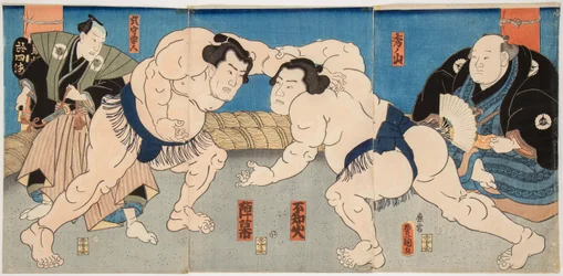 Combat des lutteurs de sumo Shiranui et Jimmaku. Estampe de Utagawa Kunisada (1786-1865), vers 1860 --Brottningsmatch Shiranui vs Jimmaku, av Kunisada (Toyokuni III), Utagawa (1786-1865). Färgträsnitt