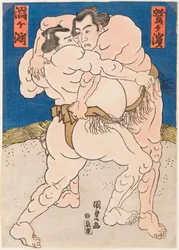 Stridskrigare från Uzugafuchi och Washigahama. Estampe de Utagawa Kunisada (1786-1865), vers 1830 - Brottningsmatch Uzugafuchi vs Washigahama, av Kunisada (Toyokuni III), Utagawa (1786-1865). Färgträsnitt, ca. 1830. Mått: 37x26 cm. Privat C