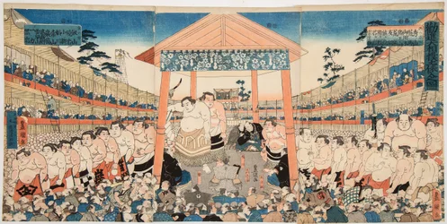 Kanjin Ozumo (procession av sumobrottare för en insamlingskamp). Tryck av Utagawa Kunisada (1786-1865) - Kanjin Ozumo, av Kunisada (Toyokuni III), Utagawa (1786-1865). Färgträsnitt, ca. 1850. Mått : 37,5x75,5 cm. Privat samling