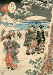 Figurer med parasoller i snö (En scen ur Sagan om Genji) (träsnitt i färg på papper)