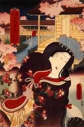 Hanano Enbansho Katsuragi Genji Mitate Hakkei no Uchi (Fower Bankue t, Eening g Bell: Katsuragi), ca. 1808-58