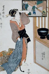 Hour of tiger, seventh hour of morning, Ca 1818, Ukiyo-e konsttryck av Utagawa Kunisada (1786-1865) från The 12th hour in Yoshiwara, Oban-tate-e träsnitt, 37x24,9 cm, japansk civilisation