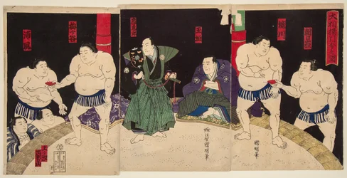Kamp av sumobrottare Umegatan och Sakaigawa. Tryck av Utagawa Kuniaki (1835-1888)