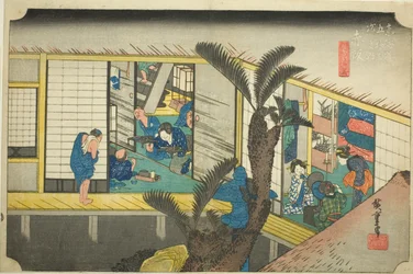 Akasaka: Waitresses at an Inn (Akasaka, ryosha shofu no zu), från serien "Fifty-three Stations of the Tokaido (Tokaido gojusan tsugi no uchi)," även känd som Hoeido Tokaido