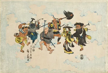 Gestalter ur Ōtsu-e-folkmålningar som dansar Bon-odori