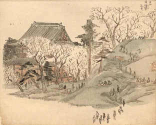 Körsbärsblomstskådning vid templet på berget Suribachi, enligt en illustration i volym 5 av ”Bildbok om souvenirer från Edo” (Ehon Edo miyage)
