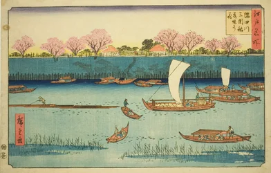 Körsbärsträd längs Sumida River Bankment vid Mimeguri Inari Shrine (Sumidagawa Mimeguri Inari tsutsumi no hana), från serien "Famous Places in Edo (Edo meisho)"