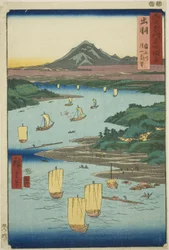 Dewa-provinsen: Mogami River and a Distant View of Mount Gassan (Dewa, Mogamigawa, Gassan enbo), från serien "Famous Places in the Sexty-odd Provinces (Rokujuyoshu meisho zue)"