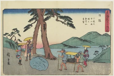 Distanserad vy av Mugenberget och nattgråtstenen vid Sayo Monatain-passet, Nissaka, 1841-1842