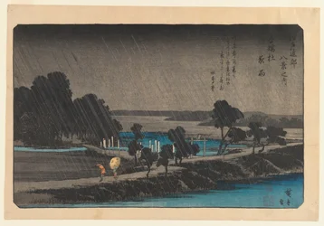 Kvällsregn vid Azumi no Mori, ca 1838 (träblock i färg)