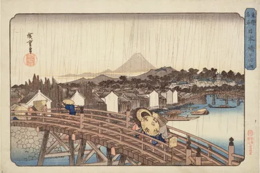Kvällsdusch vid Nihonbashi Bridge, från berömda platser i den östra huvudstaden ca. 1832 (träblock i färg)