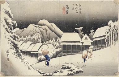 Evening Snow at Kanbara från serien 53 Stations of the Tokaido, c.1833-4 (träblock i färg)