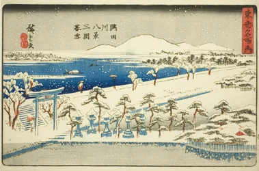 Evening Snow at Mimeguri, Eight Views of the Sumida River (Sumidagawa hakkei, Mimeguri bosetsu), från serien "Famous Places in the Eastern Capital (Toto meisho no uchi)"