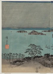 Kvällsvy över de åtta kända platserna nära Kanazawa under fullmåne i Musashi-provinsen