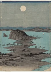 Kvällsvy över de åtta kända platserna nära Kanazawa under fullmåne i Musashi-provinsen
