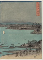 Kvällsvy över de åtta kända platserna nära Kanazawa under fullmåne i Musashi-provinsen