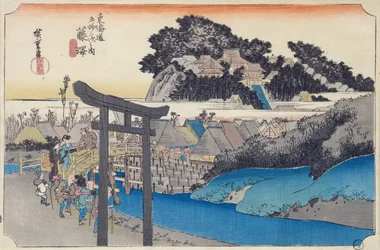 Fujisawa: Ji-sektens Yugyo-ji, eller Shojoko-ji, buddhistiska tempel, från serien "Fifty-three Stations on the Tokaido", ca 1834-35 (träblock i färg)