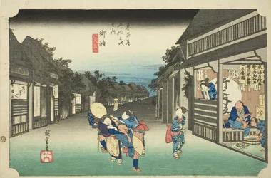 Goyu: Women Stopping Traveler (Goyu, tabibito tomeru onna), från serien "Fifty-three Stations of the Tokaido (Tokaido gojusan tsugi no uchi)," även känd som Hoeido Tokaido
