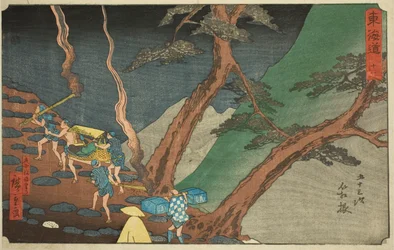 Hakone: Resa med tallfacklor i natten (Hakone, yonaka taimatsu tori)—Nr. 11, från serien "Fifty-three Stations of the Tokaido (Tokaido gojusan tsugi)," även känd som Reisho Tokaido