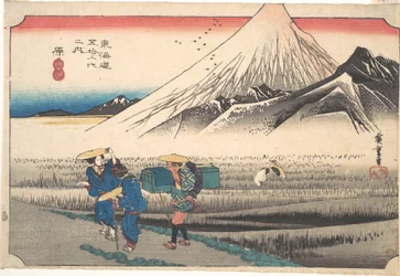 Hara: Fujiberget på morgonen (Hara, Asa no Fuji), ur serien Tōkaidō-vägens femtiotre stationer (Tōkaidō gojūsan tsugi), även känd som den första Tōkaidō eller den stora Tōkaidō
