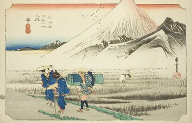 Hara: Mount Fuji in the Morning (Hara, asa no Fuji), från serien "Fifty-three Stations of the Tokaido Road (Tokaido gojusan tsugi no uchi)," även känd som Hoeido Tokaido