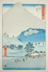 Hara: Utsikt över Ashitakabergen och berget Fuji (Hara, Ashitakayama Fuji chobo), nr. 14 från serien "Famous Sights of the Fifty-three Stations (Gojusan tsugi meisho zue)," även känd som Vertical Tokaido