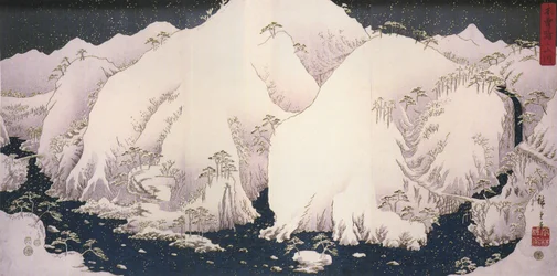 Hiroshige, En flod bland snöklädda berg