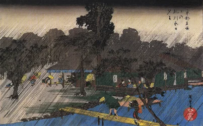 Hiroshige, Människor som skyddar sig mot regnet