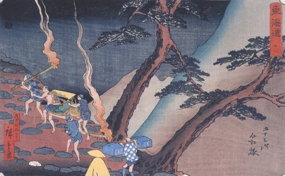Hiroshige Resenärer på en bergsstig på natten 2